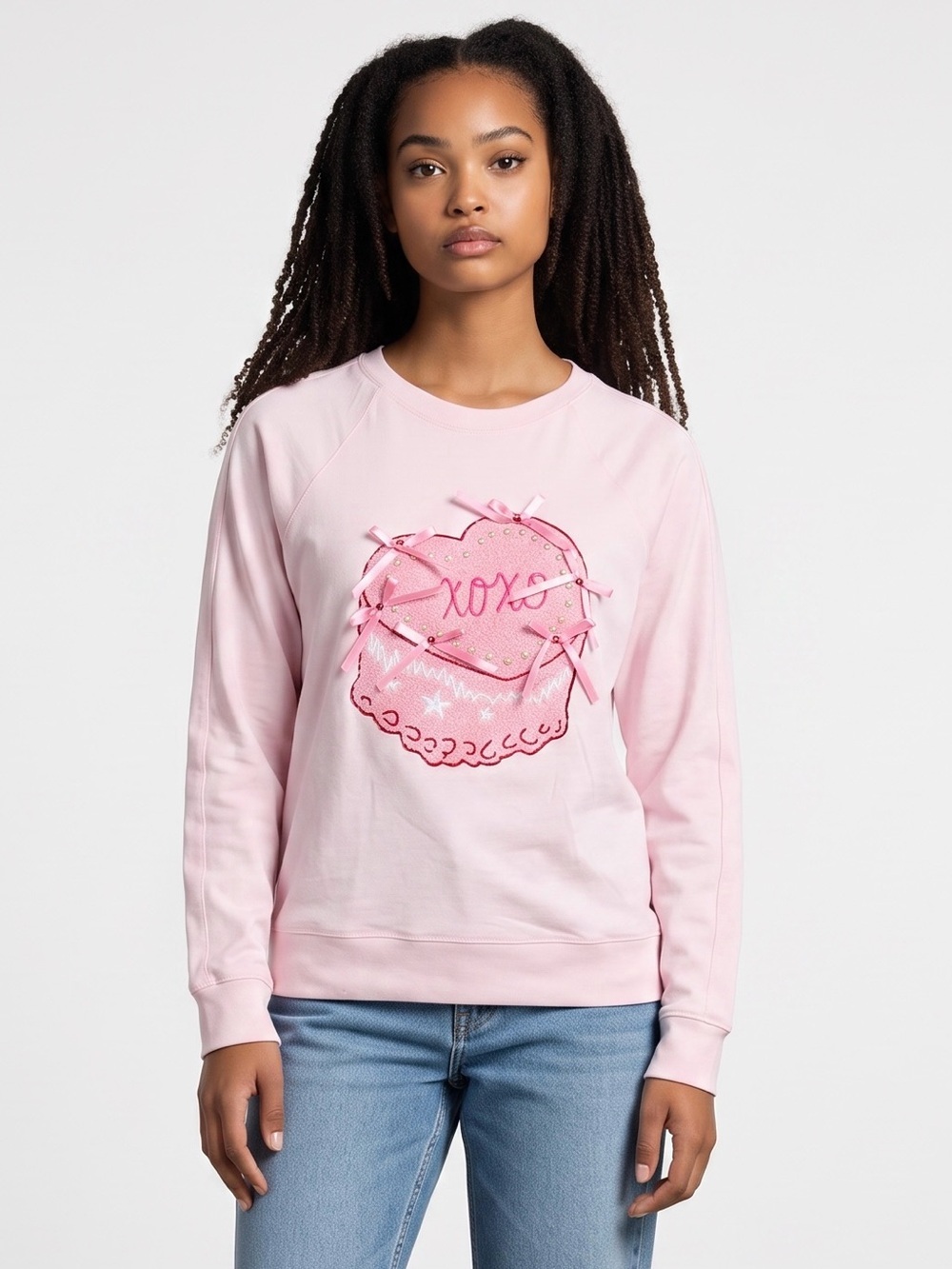 New Workshop Republic Clothing Pink Embellished Heart Crewneck Sweatshirt Size S